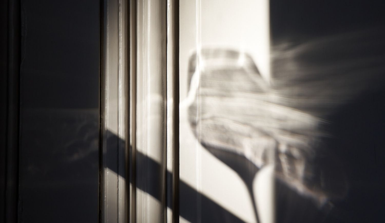 Shadows of a glass of wine playing with light against a white wall with woodwork details.